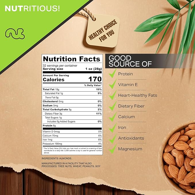 NUT CRAVINGS - Raw Whole Almonds, Unsalted, Shelled, (32oz - 2 LB) Bulk Nuts Packed Fresh in Resealable Bag - Kosher Healthy Snack, Food Assortments Ideal for Trail Mixed Nuts