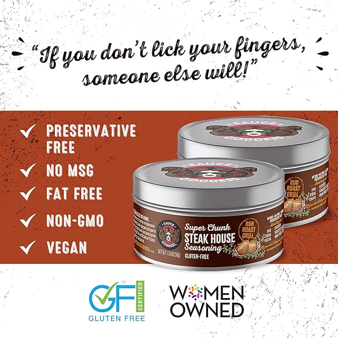 Sauce Goddess - Super Chunk Steakhouse Seasoning (2 Tin Cans) - No Sugar, Additives, Vegan, Gluten-Free, Perfect for Meat, Chops & More - 1.75g Each