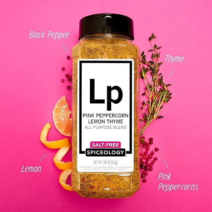 Spiceology - Pink Peppercorn Lemon Thyme All-Purpose Seasoning Blend (Salt-Free) - Lemon Pepper Spice Rub - Use On: Chicken, Salmon, Shrimp, Potatoes, Butter, Vegetables, or Salad Dressing - 18 oz
