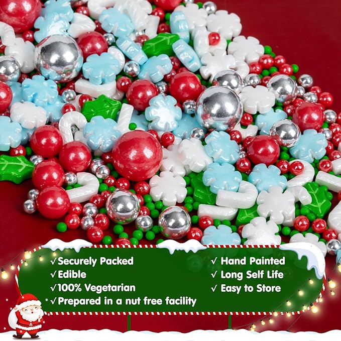 Edible Christmas Sprinkles for Cake Decorating,130gWhite and Blue Snowflake,White Candy Cane,Red Silver Pearls,Christmas Trees,Sugar Holiday sprinkle for Cupcake Toppers, Cookie, Ice Cream Decorations Winter Theme Party Supplies