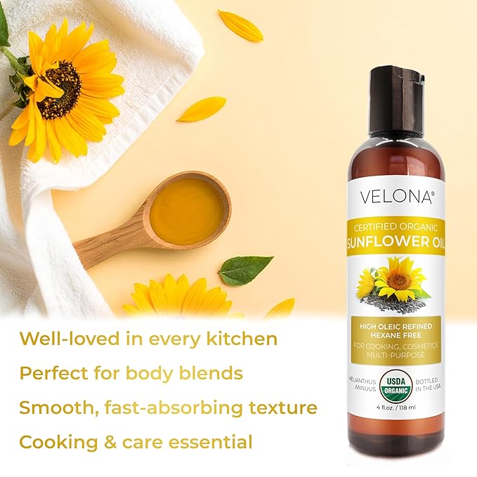 velona USDA Certified Organic Sunflower Oil - 4 Fl Oz | 100% Pure and Natural Carrier Oil | High Oleic, Refined| Cooking, Skin, Hair, Body & Face Moisturizing
