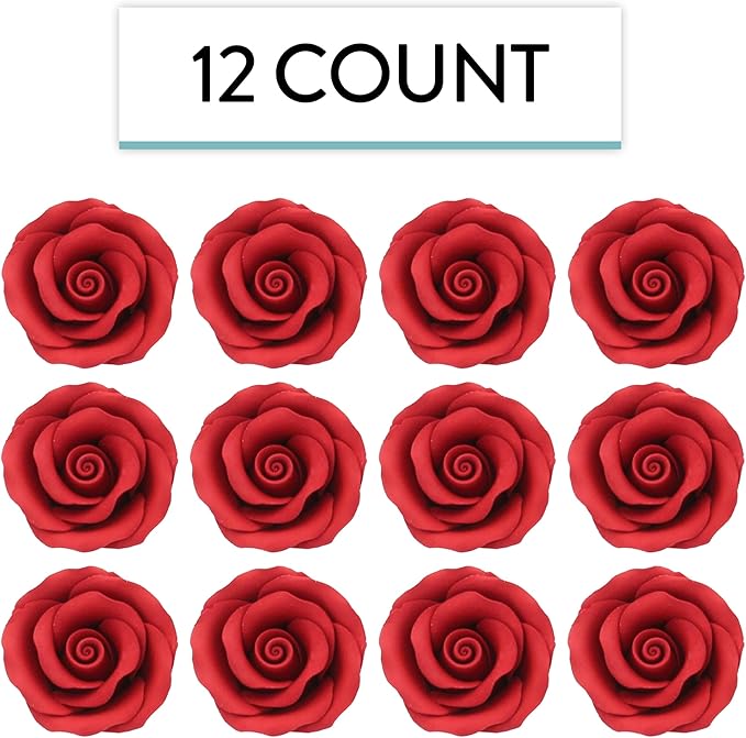 Global Sugar Art Premium Edible Roses, Red, Unwired, Medium 1.5 inches, 12 Count by Chef Alan Tetreault