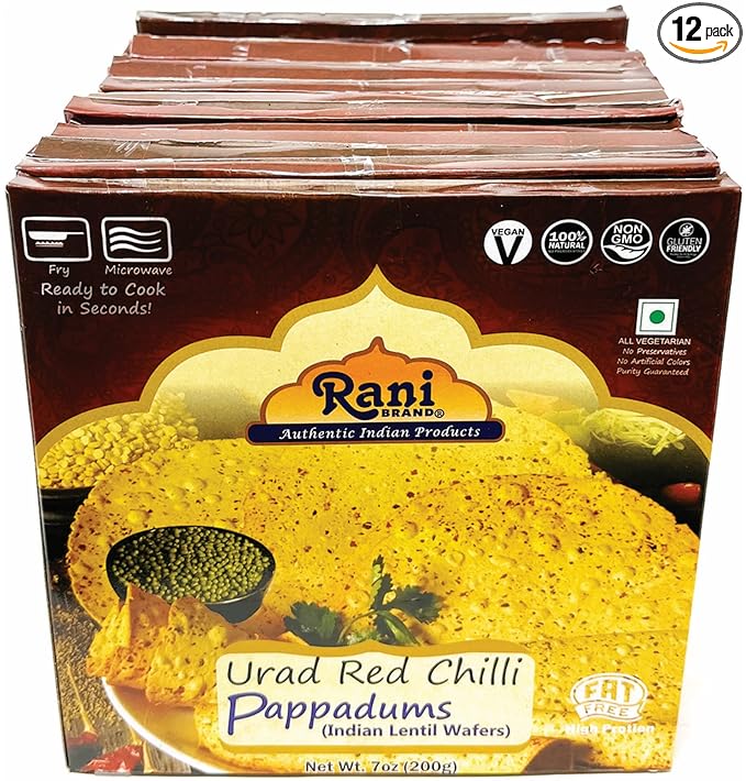 Rani Pappadums (Indian Lentil Wafer Snack) Red Chilli Papad 7oz (200g) Approximately 15pc, 7 inches, Pack of 12 ~ All Natural | Gluten Friendly | NON-GMO | Vegan | Indian Origin