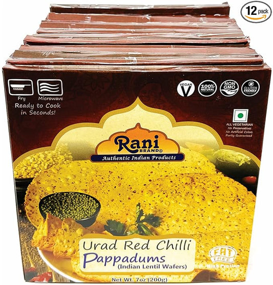Rani Pappadums (Indian Lentil Wafer Snack) Red Chilli Papad 7oz (200g) Approximately 15pc, 7 inches, Pack of 12 ~ All Natural | Gluten Friendly | NON-GMO | Vegan | Indian Origin
