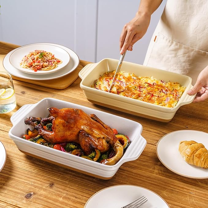 Casserole Dishes for Oven Microwave, Porcelain Baking Dishes with Handles, Rectangular Deep Lasagna Pans, Premium Ceramic Bakeware, Yellow 2.9 Qt (8.46"x14.56") Housewarming Gift