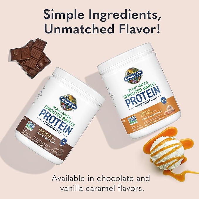 Garden of Life Plant-Based Sprouted Barley Protein, Chocolate with 21g Protein, 0g Sugar & Clean Ingredients, Upcycled Barley, Probiotics, Non-GMO, use in Shakes, Smoothies & Baking, 20 Servings