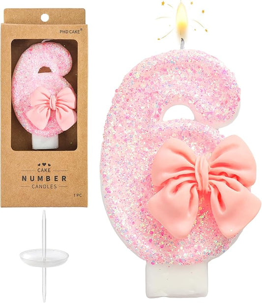 PHD CAKE Number 6 Pink Bowknot Birthday Candles, Cute Themed Number Candles, Party Celebration
