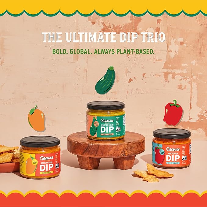 Growee Vegan Chip Dip & Queso Trio ??Dairy-Free Mayo & Salad Dressing Substitute ??Gluten-Free, Nut-Free Plant-Based Spread ??3 Flavors - Spiced Mango, Red Pepper & Curry Zucchini