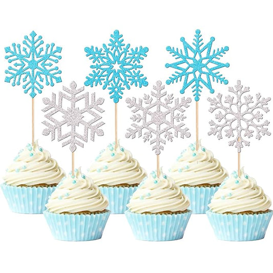 36 PCS Snowflake Cupcake Toppers Glitter Winter Frozen Theme Cupcake Picks for Winter Wonderland Snowflake Theme Baby Shower Kids Birthday Christmas Party Cake Decorations Supplies Silver Blue