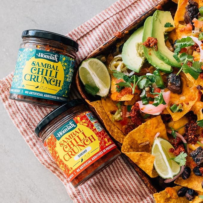 Homiah Sambal Chili Crunch, 6oz - Less Oil Low Sodium Gluten Free Vegan, Sambal Oelek Chili Paste, Crispy Chili Crunch Topping with Seaweed - Mild