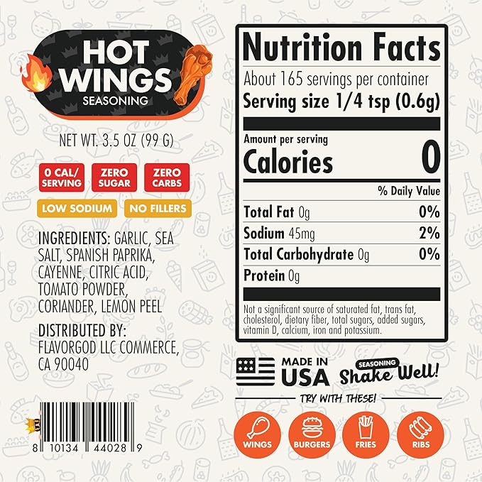 Hot Wings Seasoning Mix by Flavor God - Premium All Natural & Healthy Spice Blend for Chicken Wings, Eggs, Seafood & Vegetables - Kosher, Low Sodium, Vegan, Gluten-Free & Keto Friendly