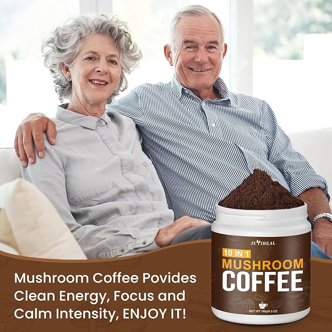 JUYIHEAL Mushroom Coffee, 10 in1 Mushroom Powder Coffee with Lions Mane, Chaga, Reishi, Cordyceps, Maitake, Shiitake, and Turkey Tail for Energy, Focus, Immune Support, 180g