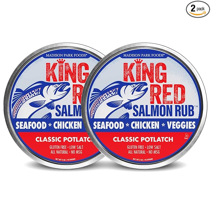 2-King Red Salmon Rub-Classic Potlatch Seasoning Dry Spice Blend-Fish Seafood-All Natural, Gluten Free, Low Salt, No MSG-Madison Park Foods, 3 oz Tin