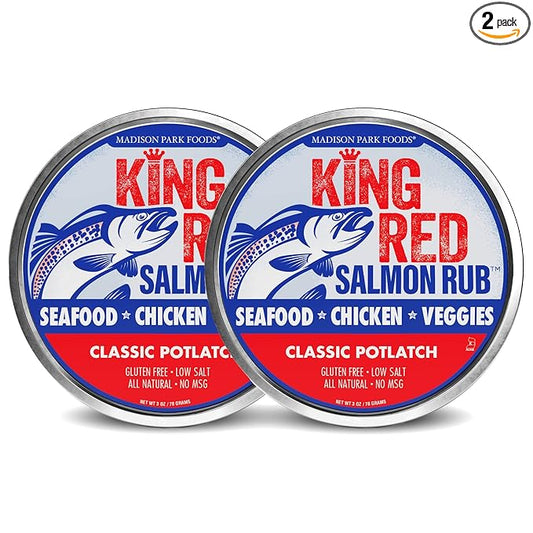 2-King Red Salmon Rub-Classic Potlatch Seasoning Dry Spice Blend-Fish Seafood-All Natural, Gluten Free, Low Salt, No MSG-Madison Park Foods, 3 oz Tin