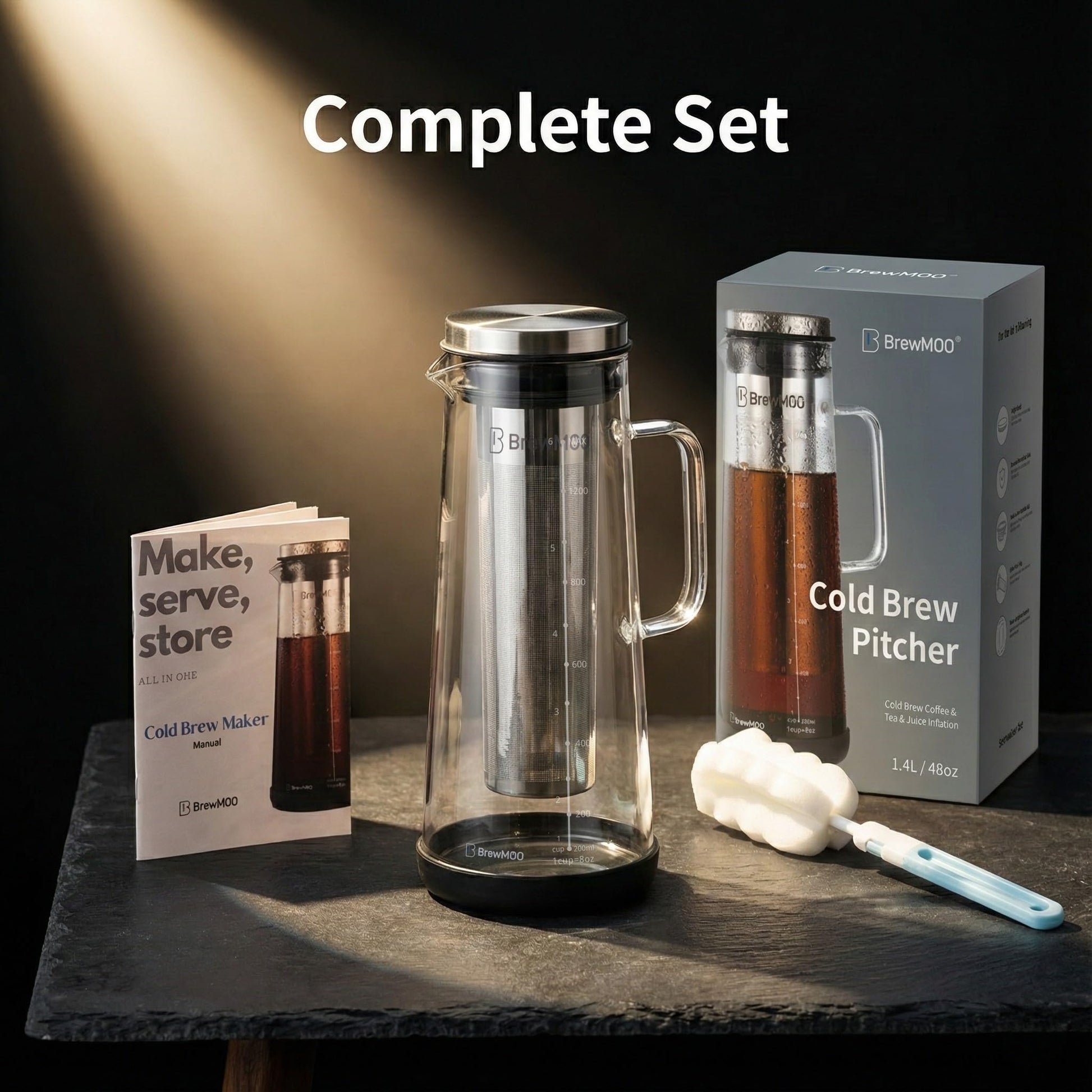 BrewMOO- Airtight Cold Brew Coffee Maker Pitcher, 1.4L/48Oz Thick Glass Carafe with Filter, Comfort