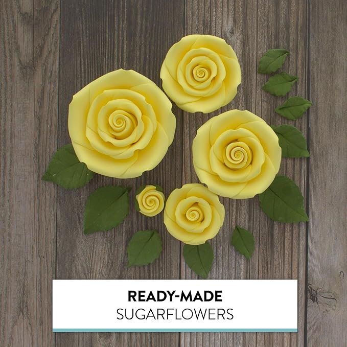 Global Sugar Art Exquisite Rose & Leaf Tray Sugar Cake Flowers, Yellow Unwired, 5 Count by Chef Alan Tetreault