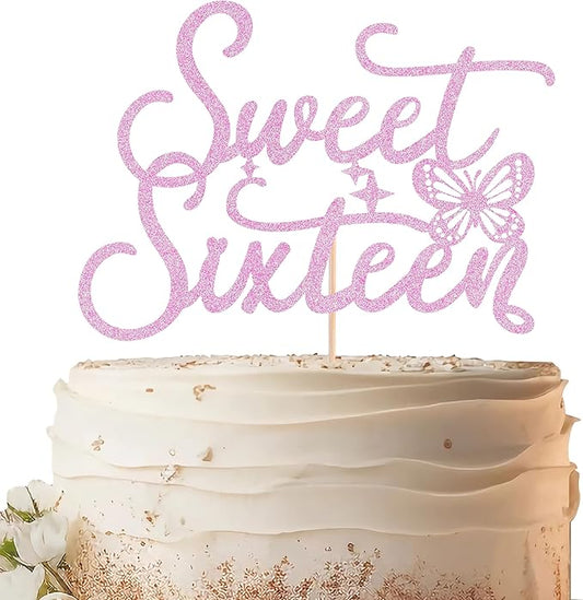 Sweet Sixteen Cake Topper - Pink Glitter Butterfly Theme Sweet 16 Birthday Cake Decorating Supplies for Girls, Sweet 16 Cake Topper for Happy 16th Birthday Anniversary Party Supplies Photo Booth Props