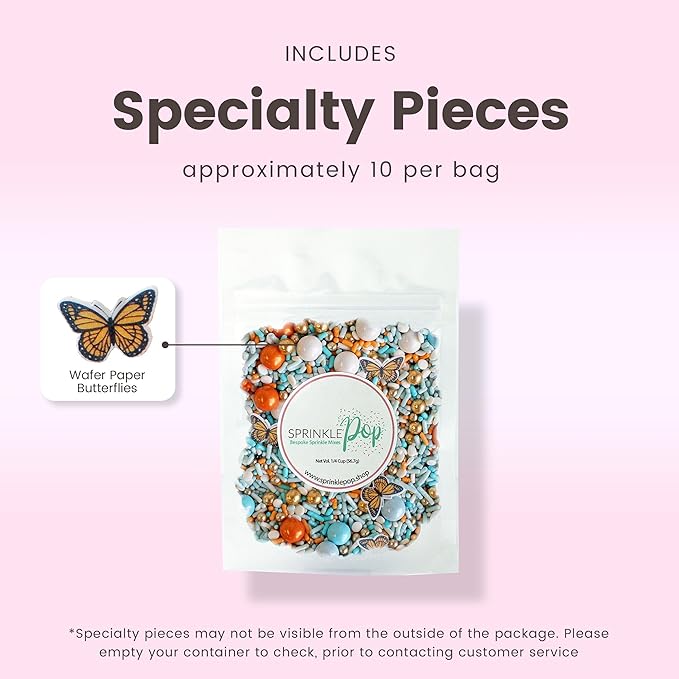 Sprinkle Pop Monarch Butterfly Sprinkle Mix| Blue Orange Sprinkles with ~10 Butterfly Wafer Paper and Gold Dragees| Decorating Sprinkles Made In USA for Mother?셲 Day Cupcakes Cakes Cookies Donuts, 2oz