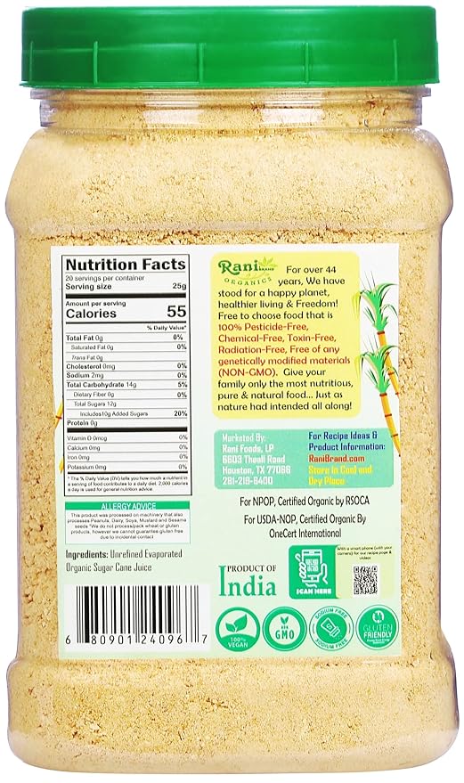 Rani Organic Jaggery Shakkar (Unrefined Evaporated Organic Sugar Cane Juice) 17.5oz (1.1lbs) 500g PET Jar ~ Gluten Friendly | Vegan | NON-GMO | No Salt or fillers | USDA Certified Organic