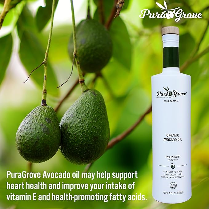 Pura Grove Organic Avocado Oil For Cooking - High Smoke Point Cold Pressed Premium Grade Avocado Oil - 16.9 Fl Oz Opaque Glass Bottle