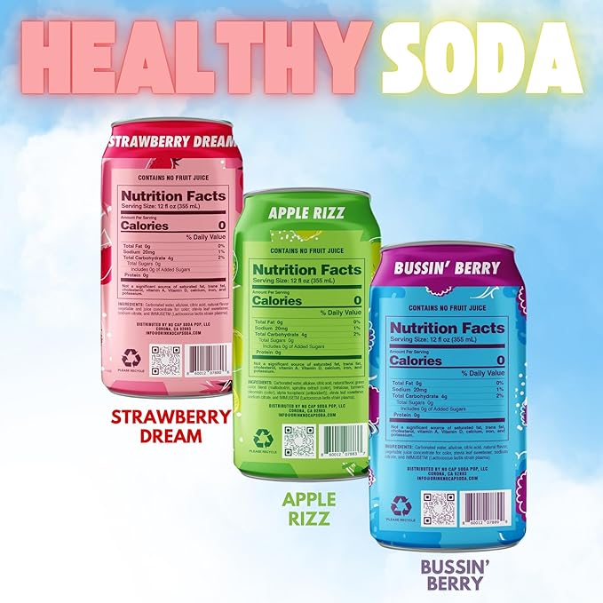 No Cap! Healthy Soda Alternative, Zero Sugar, No Calories, Caffeine Free, Vegan, Gluten Free, For Kids, Teenagers & Adults,12 Oz Cans, 12 Pack (Variety Pack)