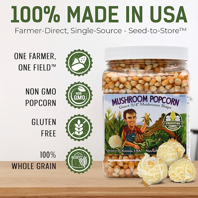 Princeton Popcorn Mushroom & Butterfly Hulless Popcorn Kernels - Half & Half Combo Duo, Easy-Eating, Farm Grown Popping Corn, Non-GMO Popcorn Kernels, No Hulls, Direct from Farmer, Microwave Air Popper or Stovetop 2-Pack 2lb Bag 64oz