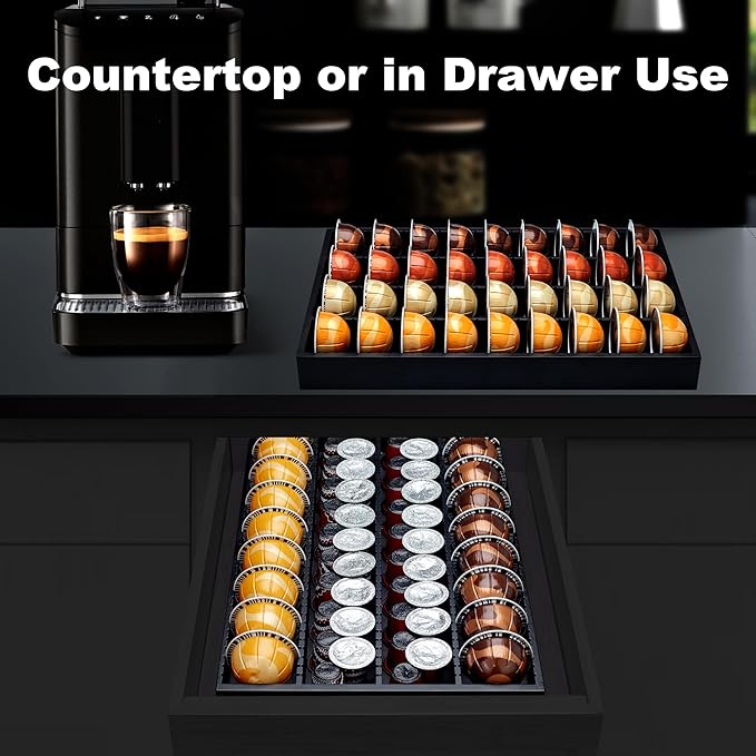 MinBoo Bamboo Coffee Pod Storage Holder Drawer Insert for Counter Compatible with Vertuoline Capsules for Kitchen, Home, Office, Coffee Station,Black