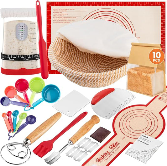 TomCare Sourdough Starter Kit 38PCS Sourdough Bread Baking Supplies, 42oz Glass Starter Jar 10'' Round Cotton Bread Proofing Basket 10pcs Bread Bags 10pcs Measuring Cups Silicone Baking Mat Tools