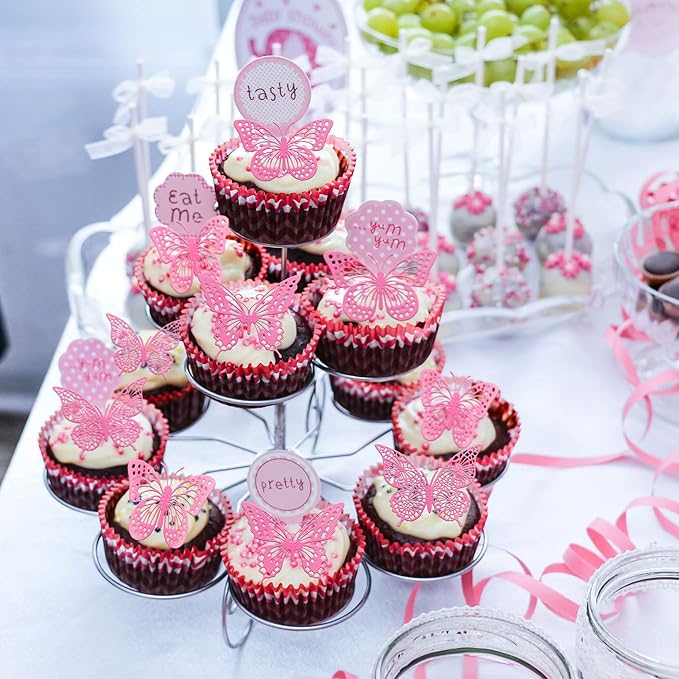 Gyufise Rose Butterfly Cupcake Toppers Hollow Art 3D Butterfly Cupcake Decorations Baby Shower Wedding Anniversary Kids Birthday Party Cake Wall Decorations Supplies 36Pcs