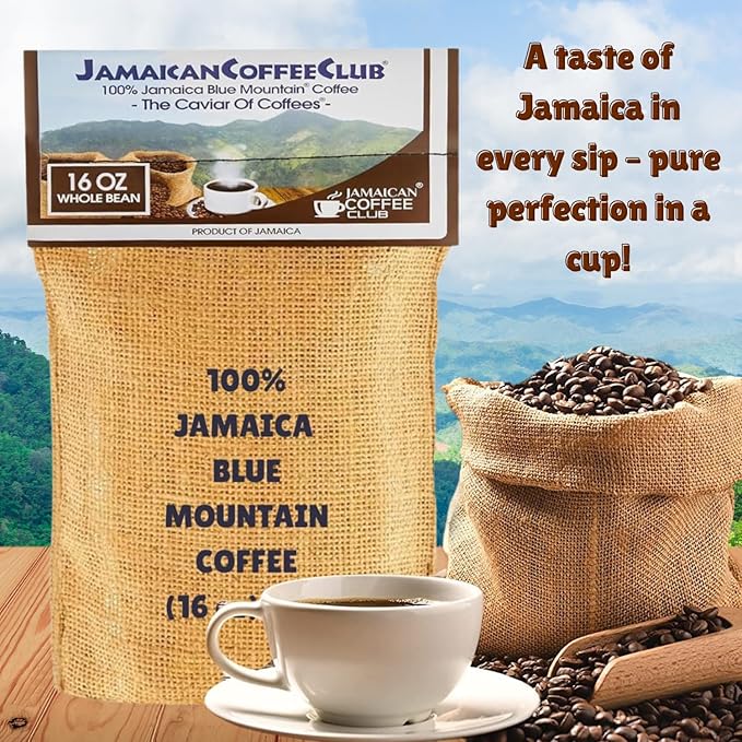 JamaicanCoffeeClub Blue Mountain Whole Bean Coffee ??WB 16oz 100% Jamaican Beans, Premium Roast, Bold Smooth Taste, Freshly Packed Coffee from Jamaica ??Rich Aroma Gourmet Blend
