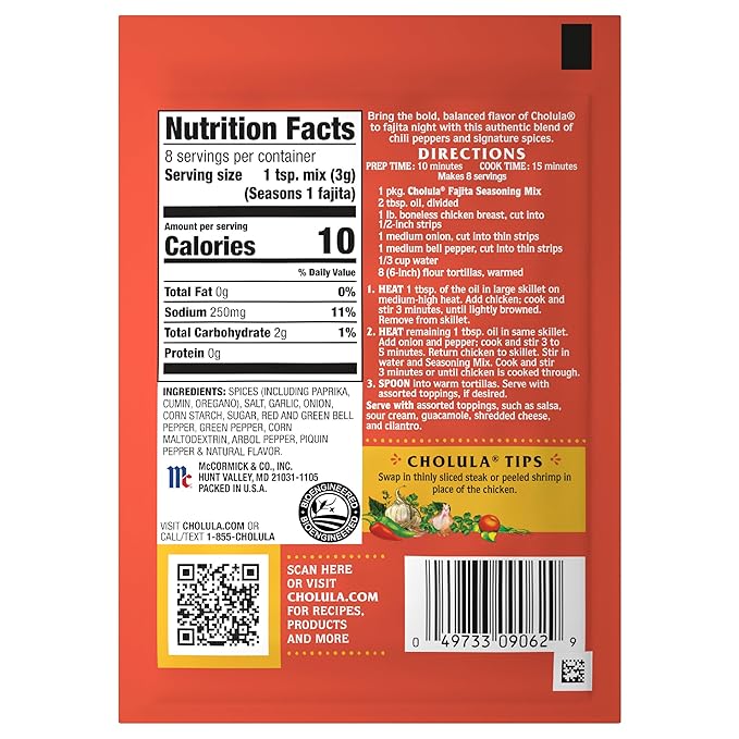 Cholula Seasoning Mix, Original Fajita, Medium Heat, For Chicken, Steak, Shrimp & Veggie Fajitas, 0.87 oz (Pack of 12)