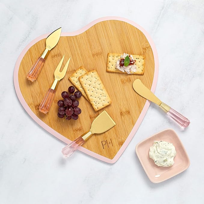 Paris Hilton Charcuterie Board and Serving Set, Bamboo Serving Board, Ceramic Dish, Cheese Utensils with Titanium Coated Blades, 6-Piece Set, Pink