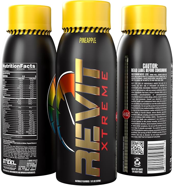 Steel Revit Xtreme Energy Drink Pineapple 8oz (12-Pack) | 375mg Caffeine, 7 Essential Vitamins| Sugar-Free, Resealable Cap, All-Day Energy