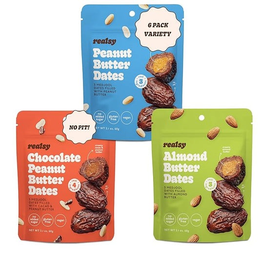 Realsy Pitted & Stuffed Medjool Dates, Organic Dates with No Sugar Added, Gluten-Free, Vegan, Good Source of Fiber, Low Glycemic Index, All Natural Healthy Snack (Variety 6 Pack)