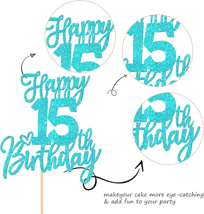 1 PCS Happy 15th Birthday Cake Topper Glitter Cheers to 15 Years Birthday Cake Pick Sweet 15 Fabulous Cake Decoration for Happy 15th Birthday Anniversary Theme Party Decorations Supplies Blue