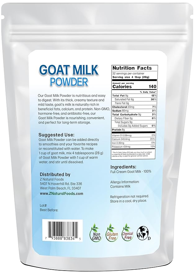 Z Natural Foods Goat Milk Powder - Pure Netherlands Full Cream Milk, Powdered Goat Milk, Highly Nutritious, Easy Digestion - Whole Goats Milk for Adults for Smoothies, Cooking, Baking, 2 lbs