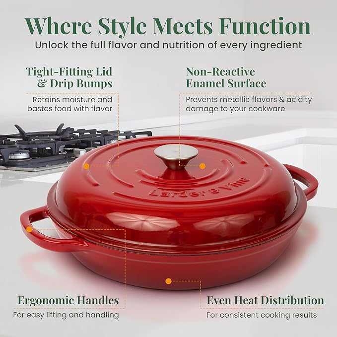 Larder & Vine Enameled Cast Iron Braiser | 3.6 qt Braiser Pan with Lid | Shallow Dutch Oven Compatible on All Cooktops | Casserole Dish Oven Safe to 500ì§?F | Dual Handles | Cabernet