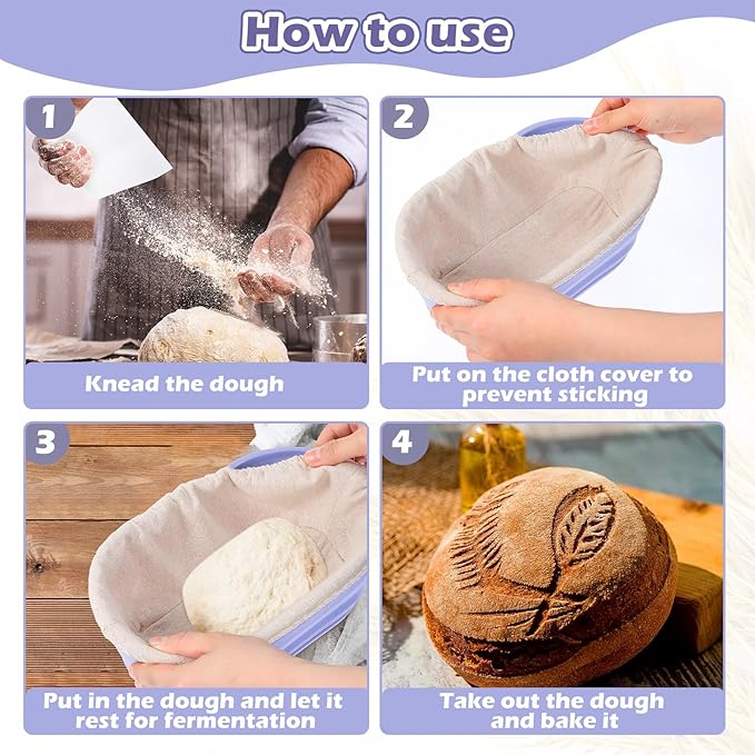Nuogo 4 Pack Oval Bread Proofing Basket Silicone 10 Inch Collapsible Sourdough Bread Baking Supplies Dough Proofing Bowl with 4 Pcs Dough Scraper and 4 Pcs Basket Covers(Purple)