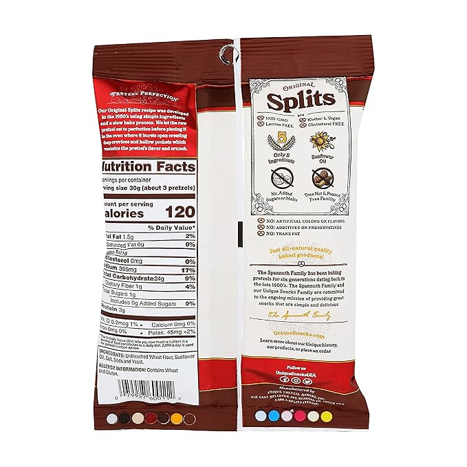 Unique Snacks Original Splits Pretzels, Delicious Homestyle-Baked Snack Bag, OU Kosher, and Non-GMO Food, No Artificial Flavor, 2.12 Oz. Bag, Pack of 12