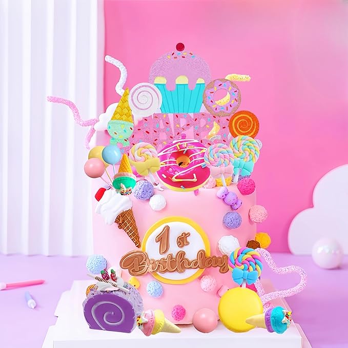 25 PCS Donut Cake Topper Candy Cupcake Toppers Candy Birthday Themed Party Supplies Ice Cream Cupcake Toppers