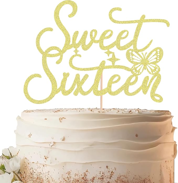 Sweet Sixteen Cake Topper - Gold Glitter Butterfly Theme Sweet 16 Birthday Cake Decorating Supplies for Girls, Sweet 16 Cake Topper for Happy 16th Birthday Anniversary Party Supplies Photo Booth Props