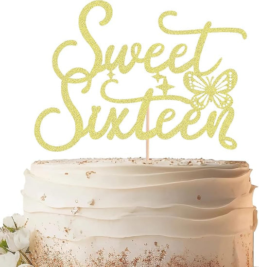 Sweet Sixteen Cake Topper - Gold Glitter Butterfly Theme Sweet 16 Birthday Cake Decorating Supplies for Girls, Sweet 16 Cake Topper for Happy 16th Birthday Anniversary Party Supplies Photo Booth Props