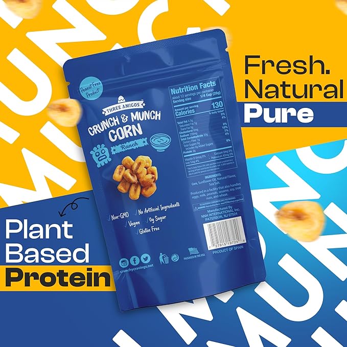 Three Amigos Corn Nuts Suger Free, 100% Vagan, Peanut Free Non-GMO (All Natural Ingredients) Guilt-Free snacking Toasted Corn Kernels in Reseable Bag - Crunchy & Munch Snack (12 OZ) (12 oz, Ranch)