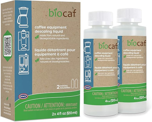 Urnex Biocaf Coffee and Espresso Descaling Solution 4 Ounce (2 Single Use Bottles) Safe to use with Keurig, Delonghi, Nespresso, Ninja, Hamilton Beach, Mr Coffee, Braun