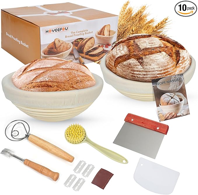 Natural Rattan Sourdough Banneton Basket Set of 2, 9 inch Round Bread Proofing Baskets with Whisk,Lame,Dough Scraper,Linen Liner and Brush, Perfect for Home or Professional Baking