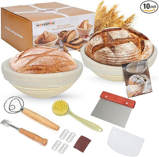 Natural Rattan Sourdough Banneton Basket Set of 2, 9 inch Round Bread Proofing Baskets with Whisk,Lame,Dough Scraper,Linen Liner and Brush, Perfect for Home or Professional Baking