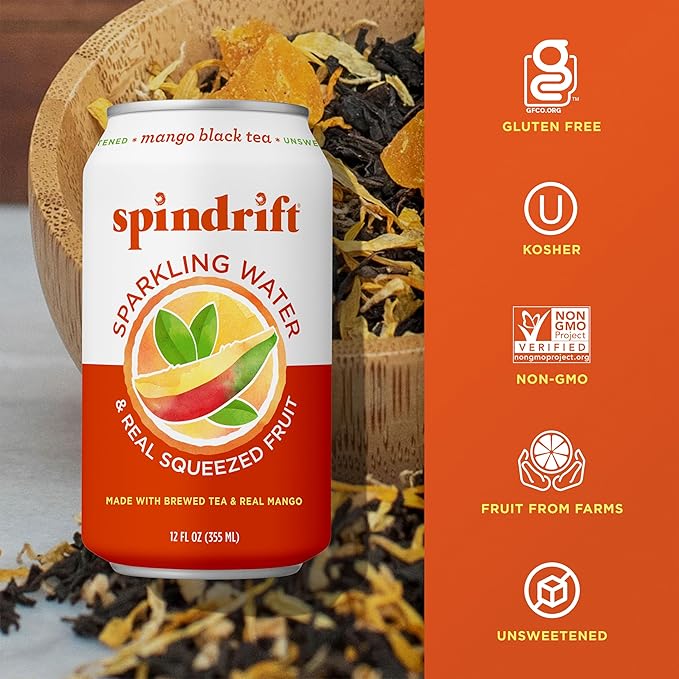 Spindrift Mango Black Tea Can 12 Ounce (Pack of 24)