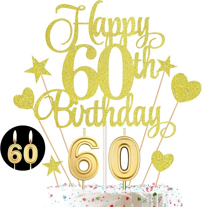 60th Birthday Cake Decorations Set Include 60th Birthday Candles Numeral 60 Cake Candles and Happy 60th Birthday Cake Toppers with Heart Star Cupcake Picks for Birthday Party (Gold Series)