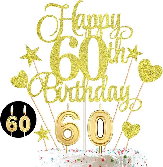 60th Birthday Cake Decorations Set Include 60th Birthday Candles Numeral 60 Cake Candles and Happy 60th Birthday Cake Toppers with Heart Star Cupcake Picks for Birthday Party (Gold Series)
