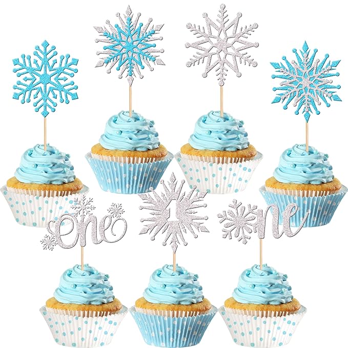 28 PCS One Snowflake Cupcake Toppers Glitter Winter Snowflake 1st Birthday Cupcake Picks First Birthday Snowflake Cake Decorations for Winter Wonderland Theme Baby Shower 1st Birthday Party Supplies